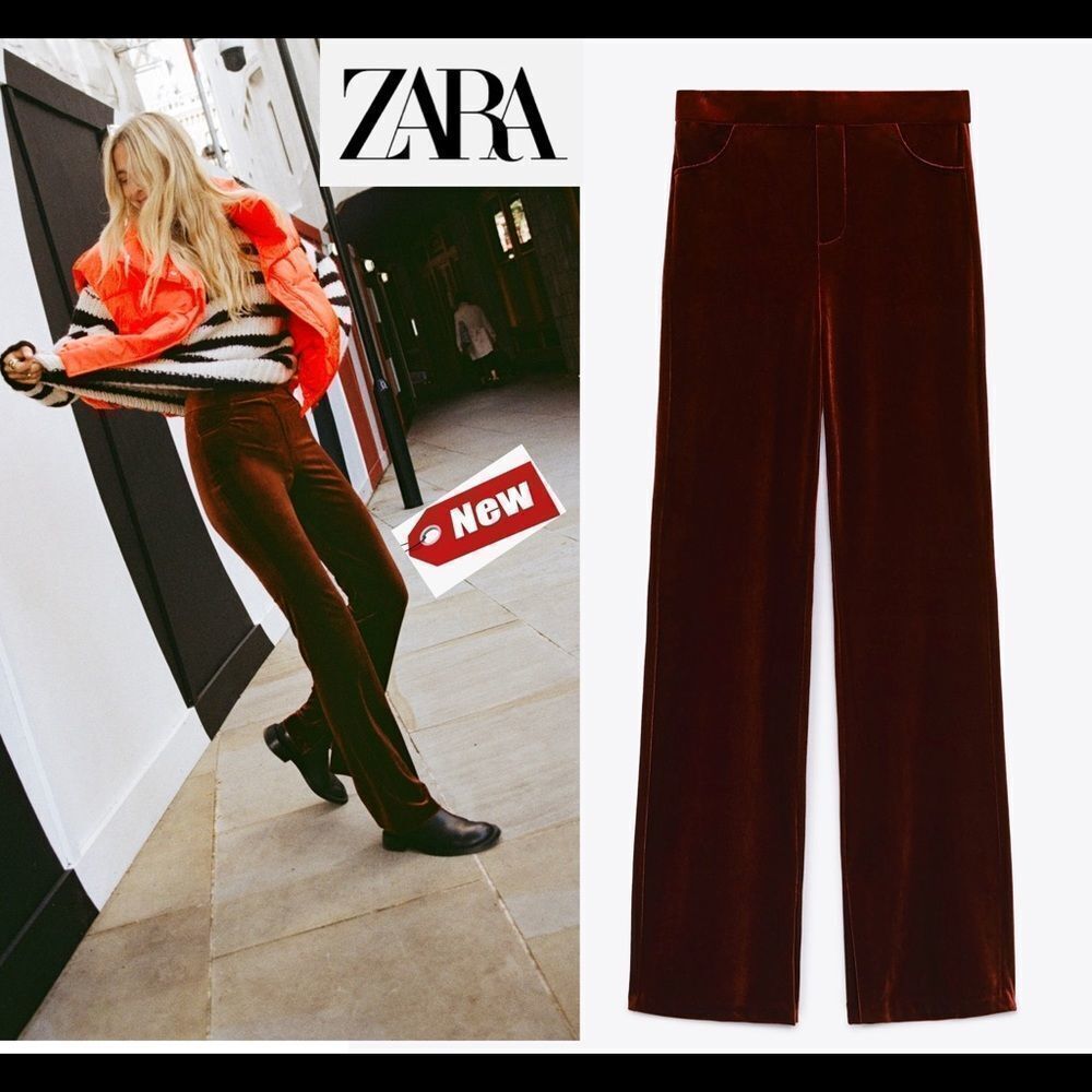 Zara brown velvet flared high waisted pants Sz S NWT